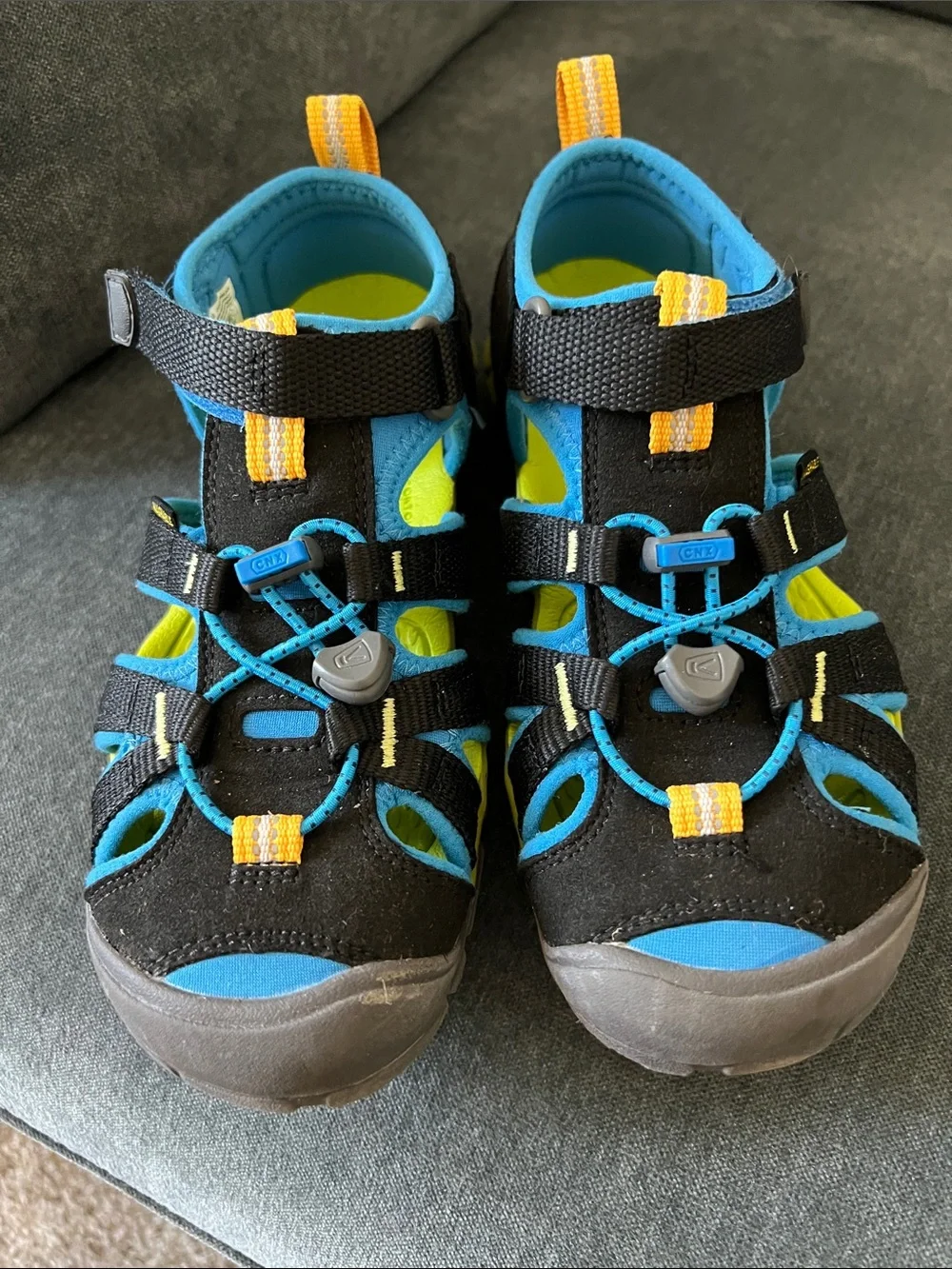 Keen Kids Black and Blue Sport Sandals with Yellow Accents